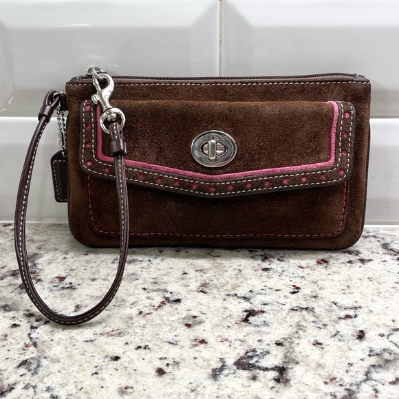 Coach Brown Suede Wristlet with Turn Lock EUC
